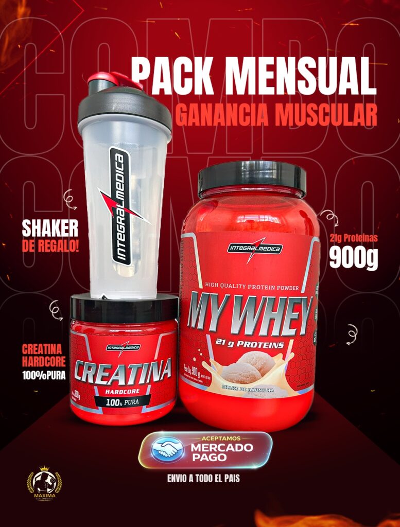 Pack Mensual Ganancia Muscular Whey + Creatina + Shaker
