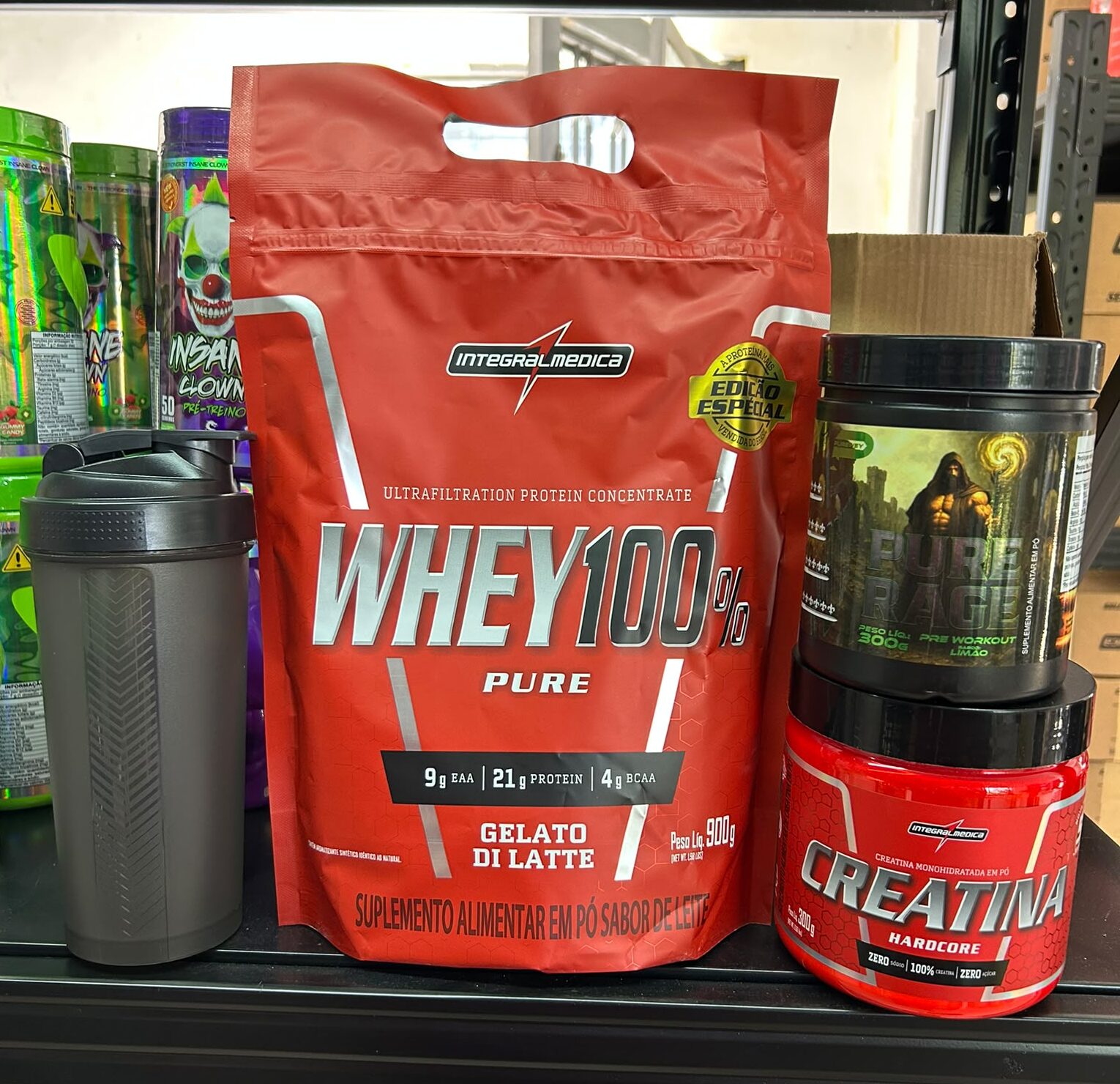 Combo Whey Creatina Pre Entreno Pure Rage Integralmedica + Shaker